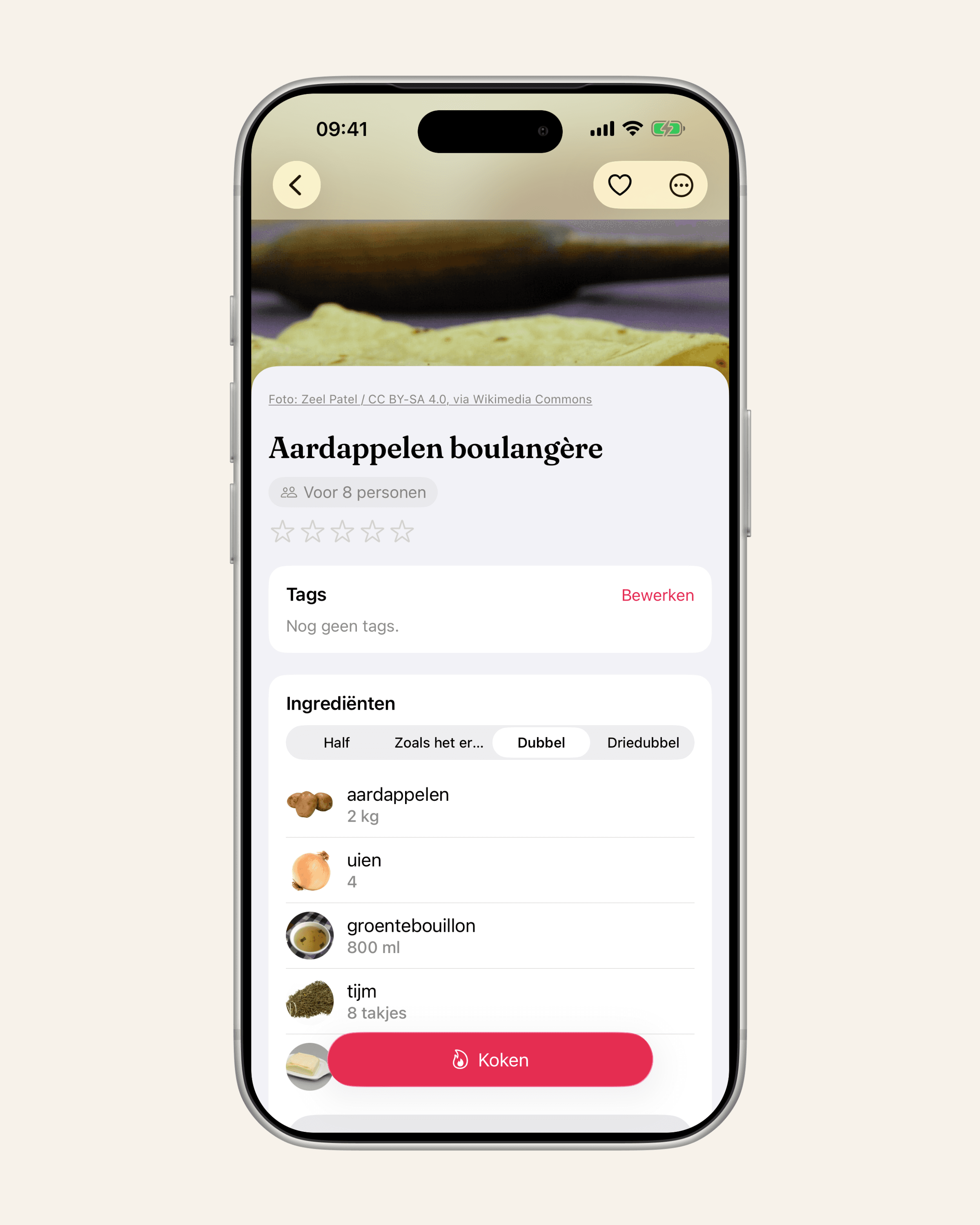 Aardappelen boulangère verdubbeld, van 4 naar 8 porties.