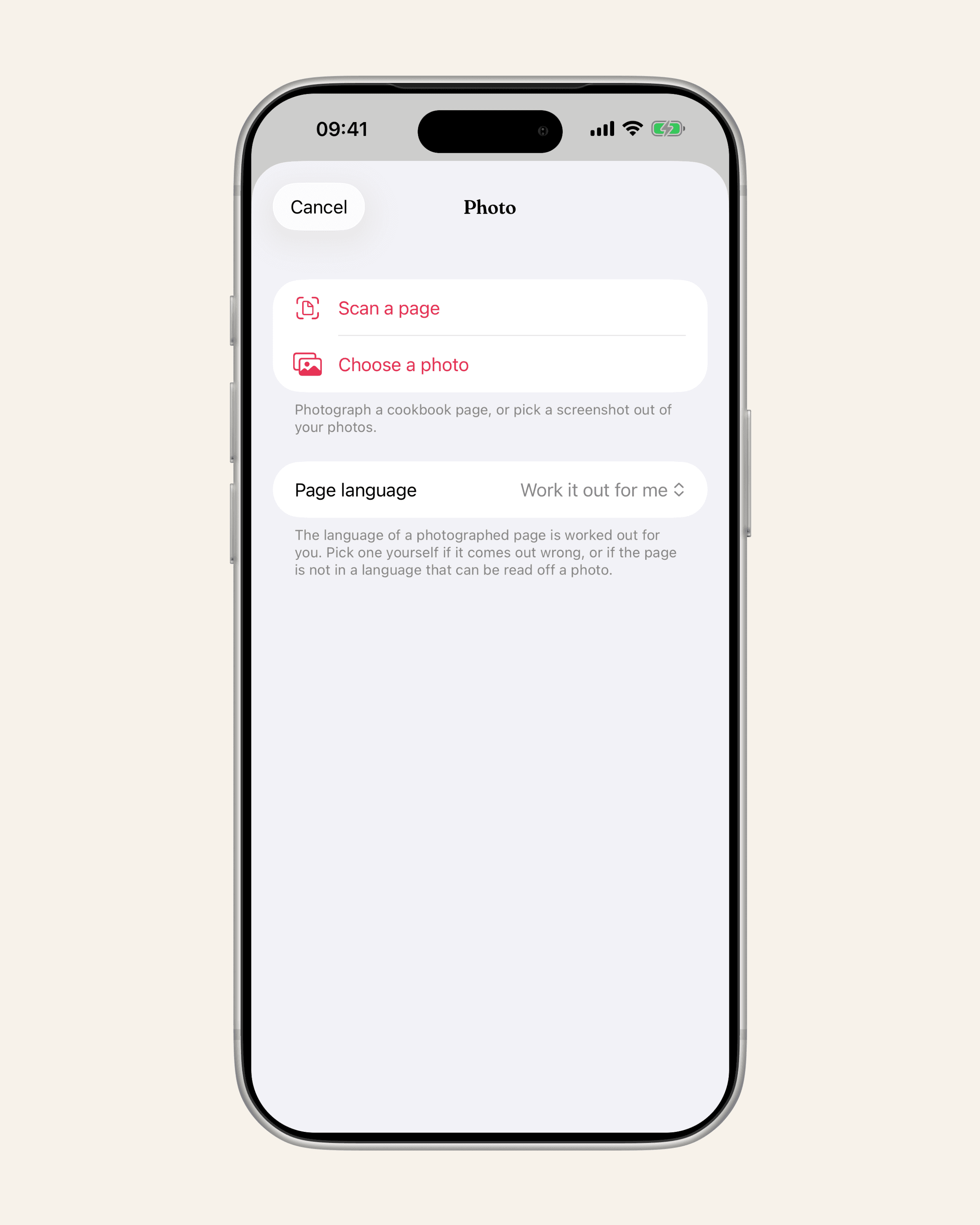 Scan a page, or choose a photo of it you already took.