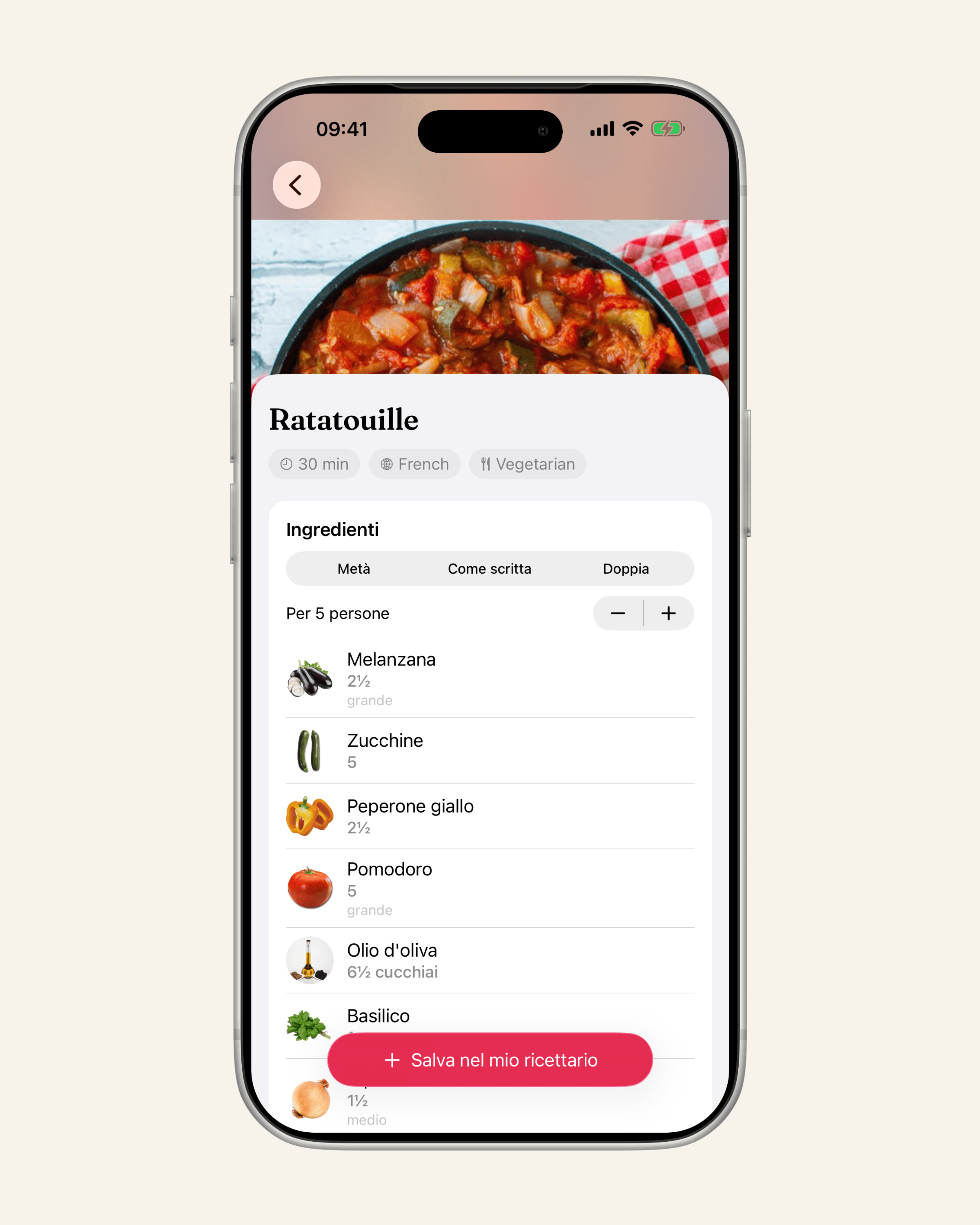La ratatouille impostata su 5 porzioni, una per ogni contenitore. Foto: TheMealDB