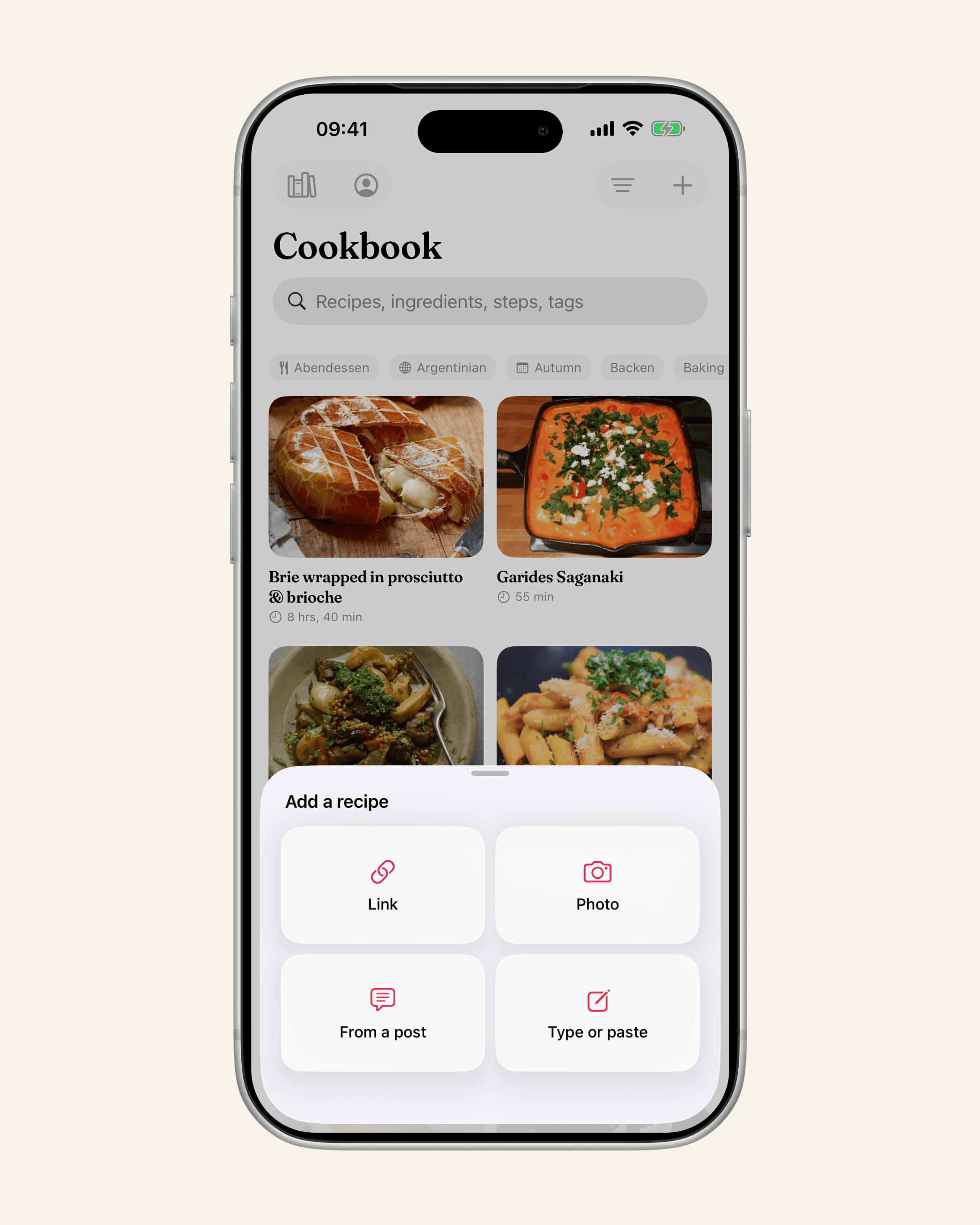 Add a recipe from a link, a photo or a post, or type and paste it in.