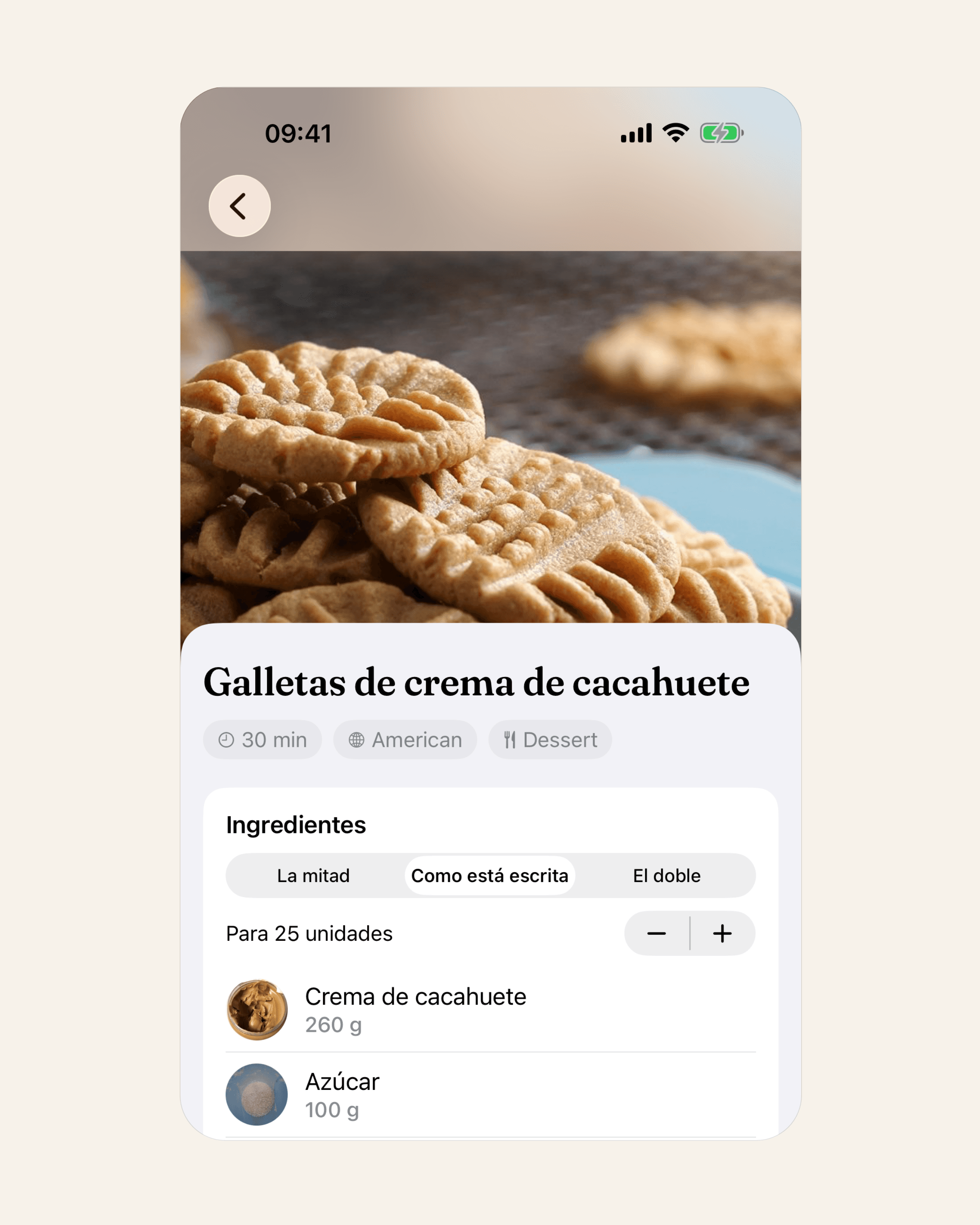 Galletas de crema de cacahuete, 25 unidades: la taza de crema de cacahuete aparece como 260 g. Fotos: TheMealDB