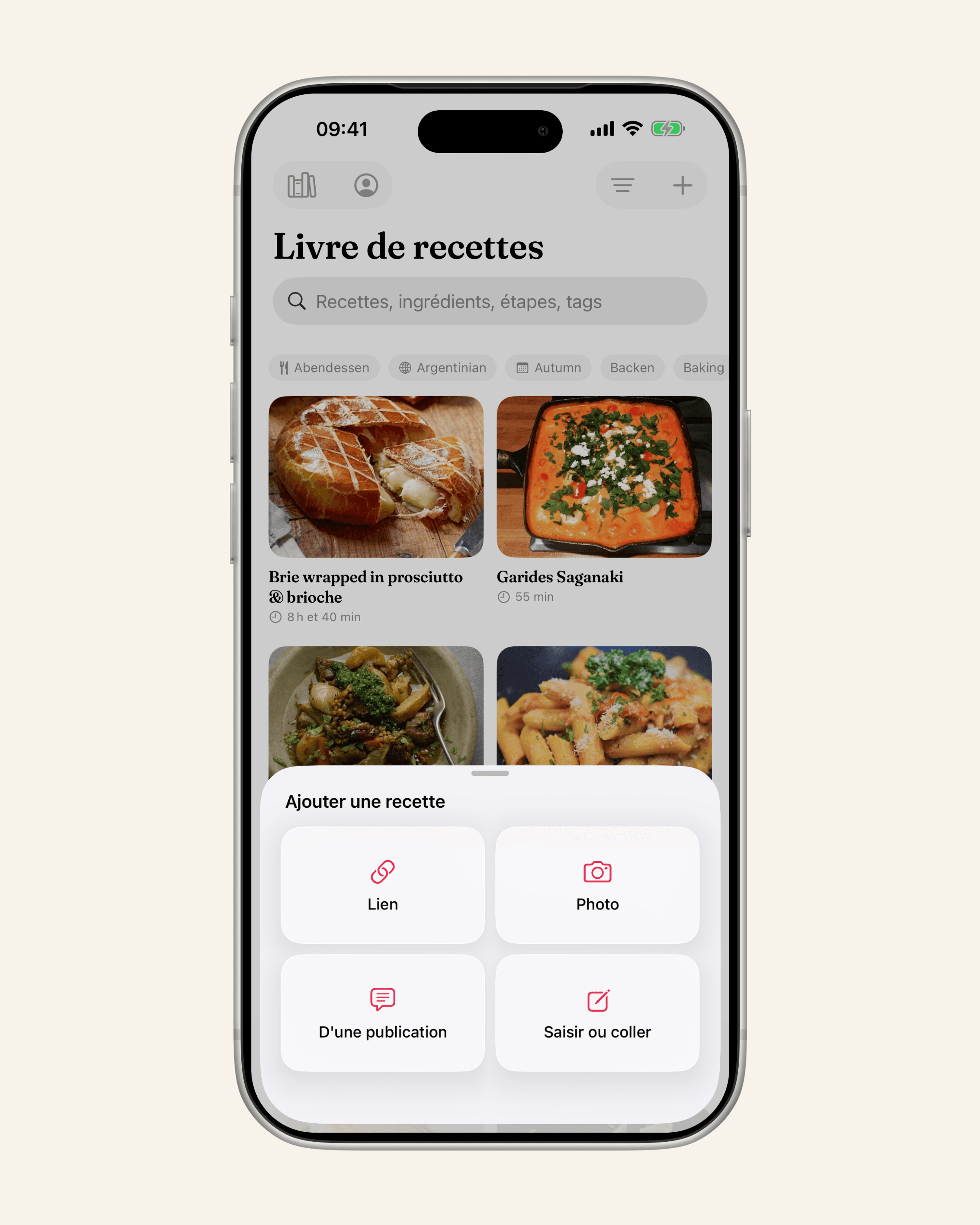 Ajoute une recette depuis un lien, une photo ou une publication, ou tape et colle-la.
